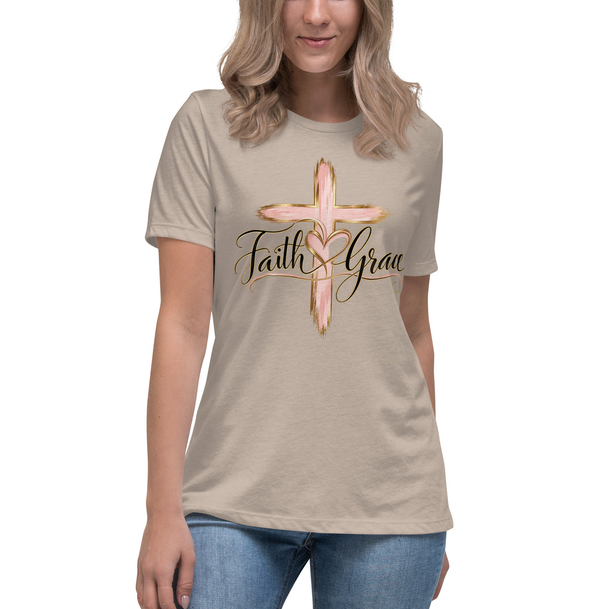 Woman wearing the Heather Stone Faith Grace Heart Christian women's t-shirt by Warrior of God, front