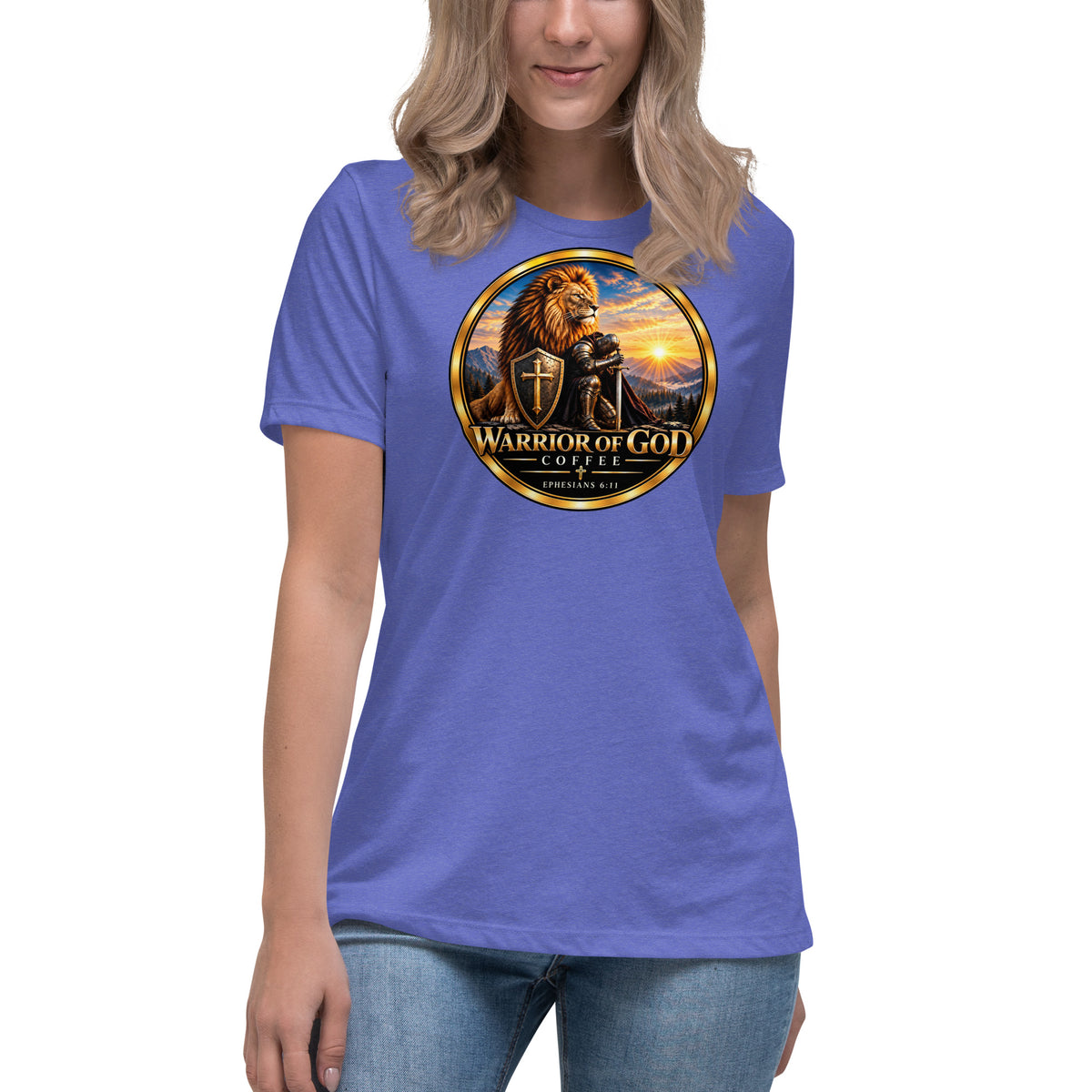 Warrior Crest Women's Tee, heather true royal, on model