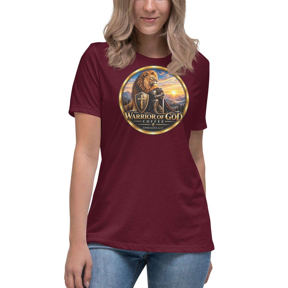 Warrior Crest Women's Tee, maroon, on model