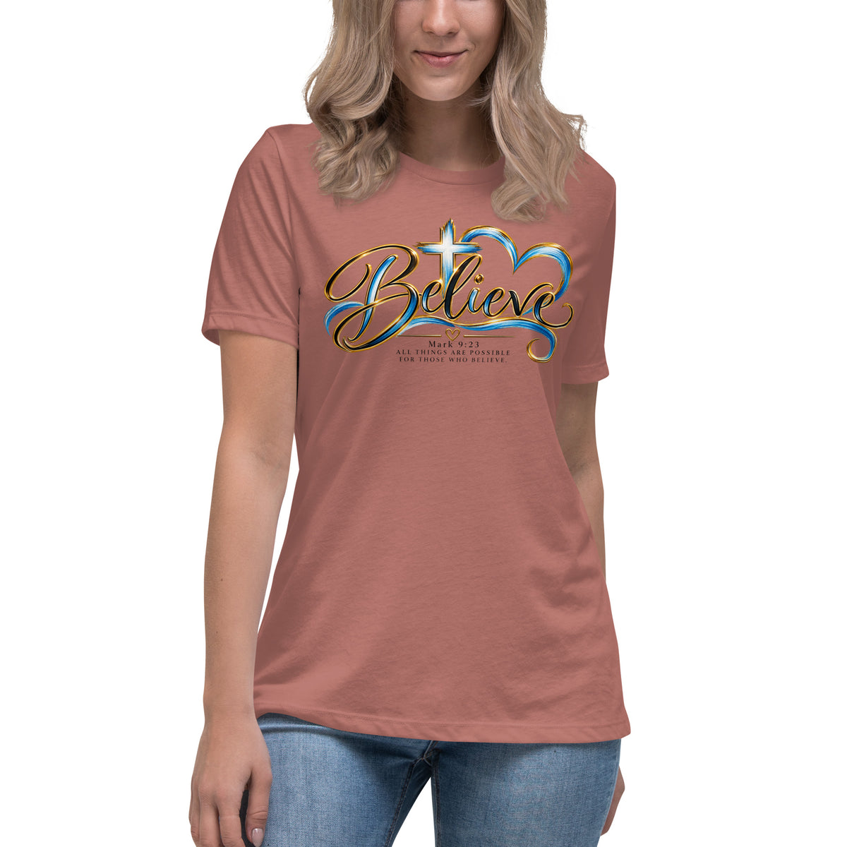 Woman wearing the Believe Christian women's t-shirt by Warrior of God, front