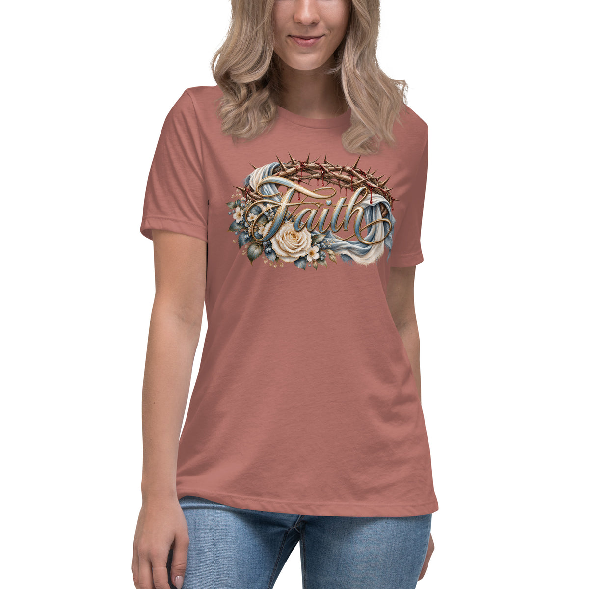 Woman wearing the Faith Christian women's t-shirt by Warrior of God, front