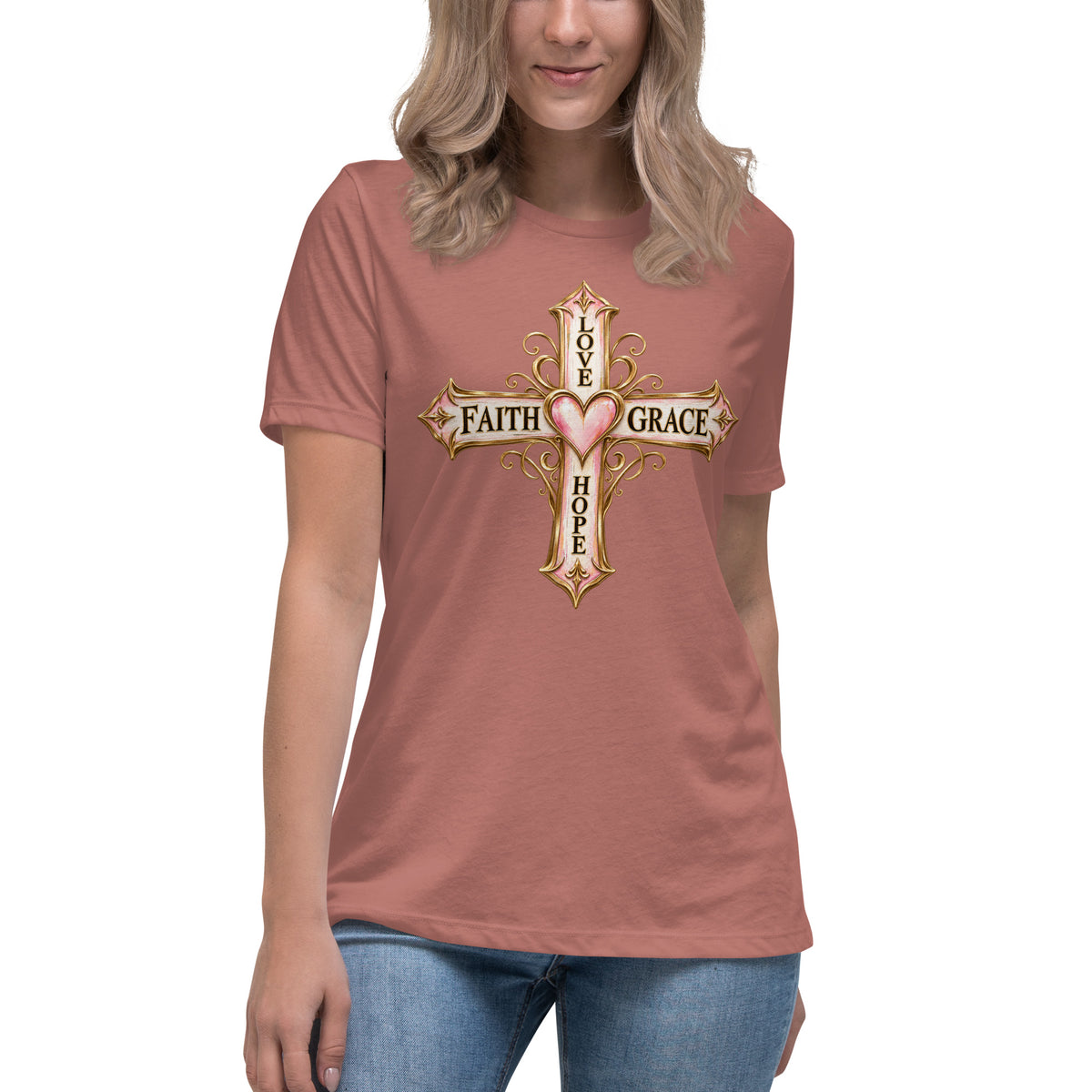 Woman wearing the Faith Grace Cross Christian women's t-shirt by Warrior of God, front
