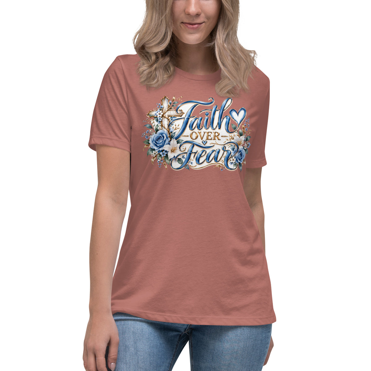Woman wearing the Faith Over Fear Christian women's t-shirt by Warrior of God, front