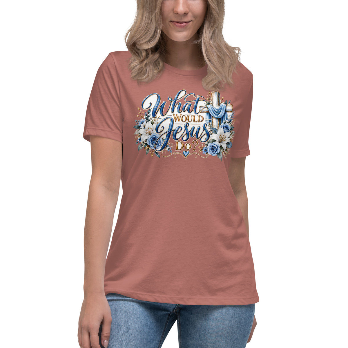 Woman wearing the What Would Jesus Do Christian women's t-shirt by Warrior of God, front