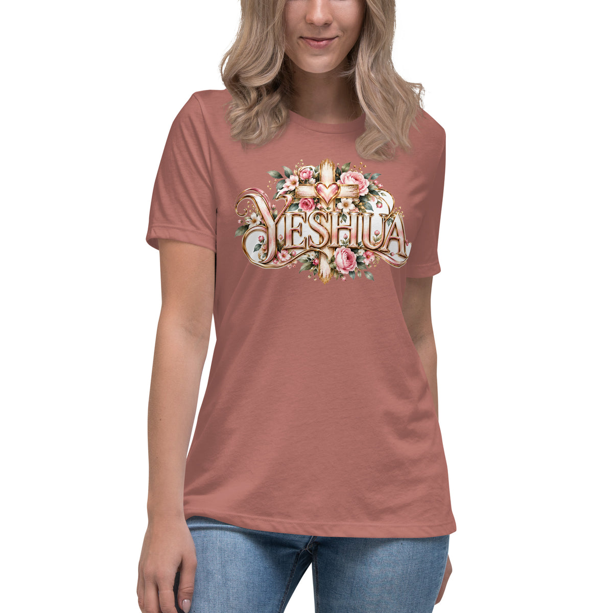 Woman wearing the Yeshua Christian women's t-shirt by Warrior of God, front
