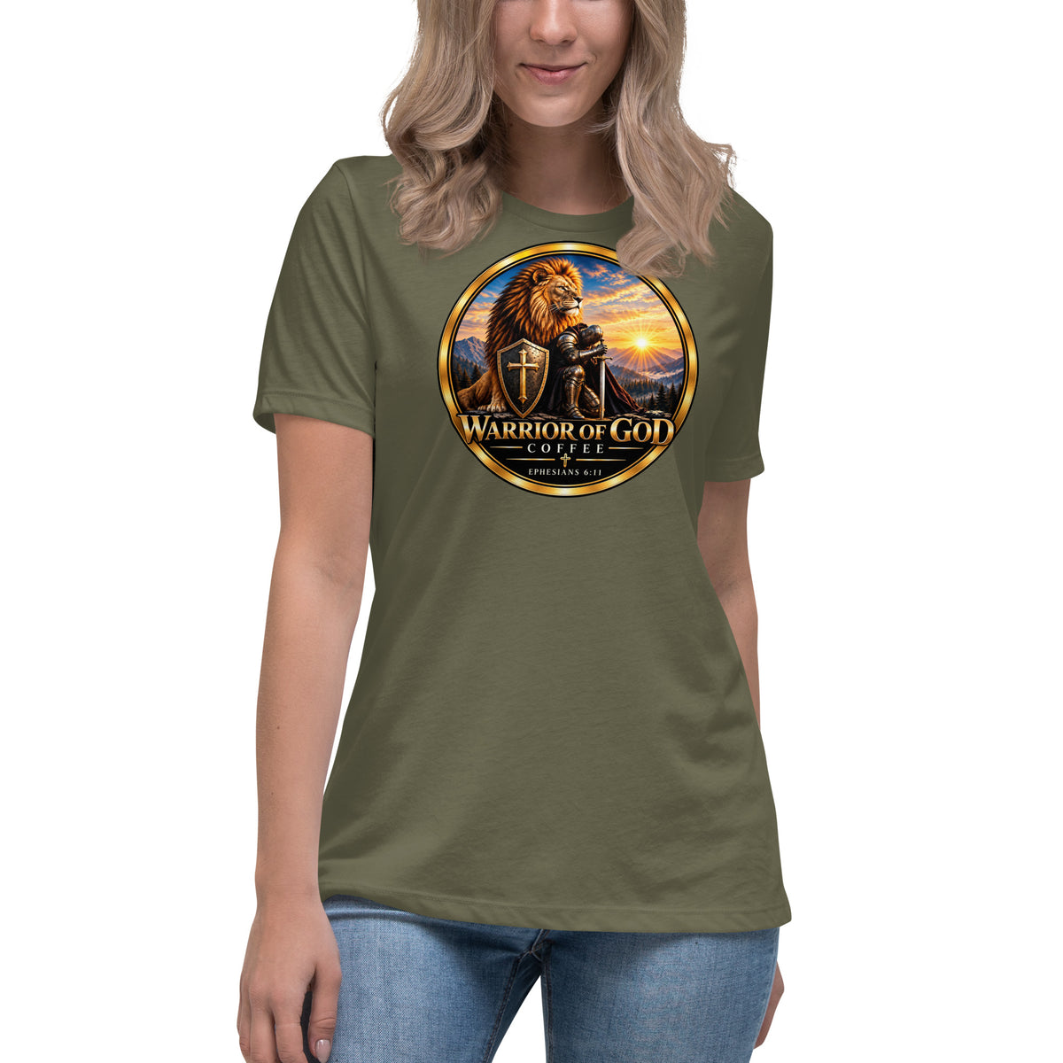 Warrior Crest Women's Tee, military green, on model