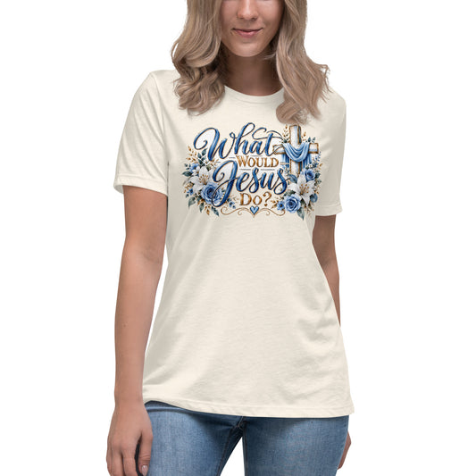 Woman wearing the Natural What Would Jesus Do Christian women's t-shirt by Warrior of God, front