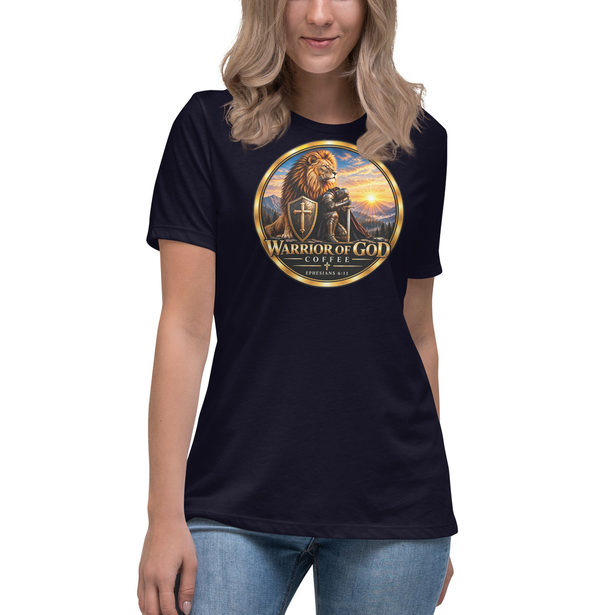 Warrior Crest Women's Tee, navy, on model