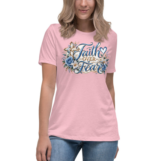 Woman wearing the Pink Faith Over Fear Christian women's t-shirt by Warrior of God, front