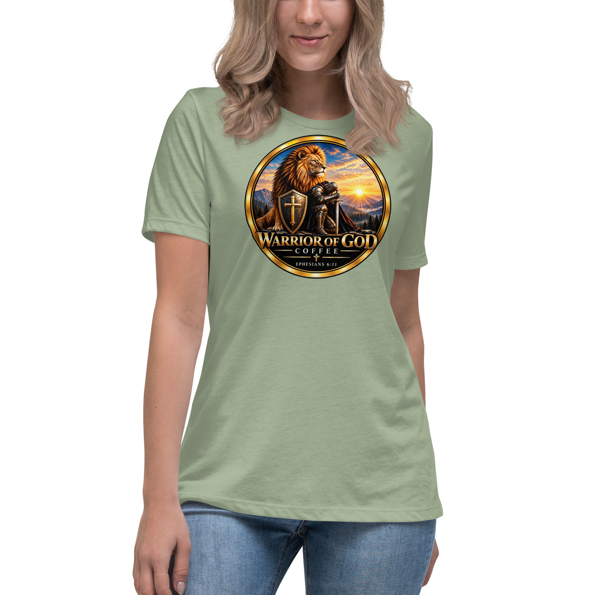 Warrior Crest Women's Tee, sage, on model