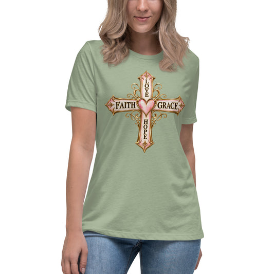 Woman wearing the Sage Faith Grace Cross Christian women's t-shirt by Warrior of God, front