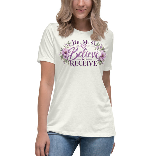 Woman wearing the Vintage White Must Believe Christian women's t-shirt by Warrior of God, front