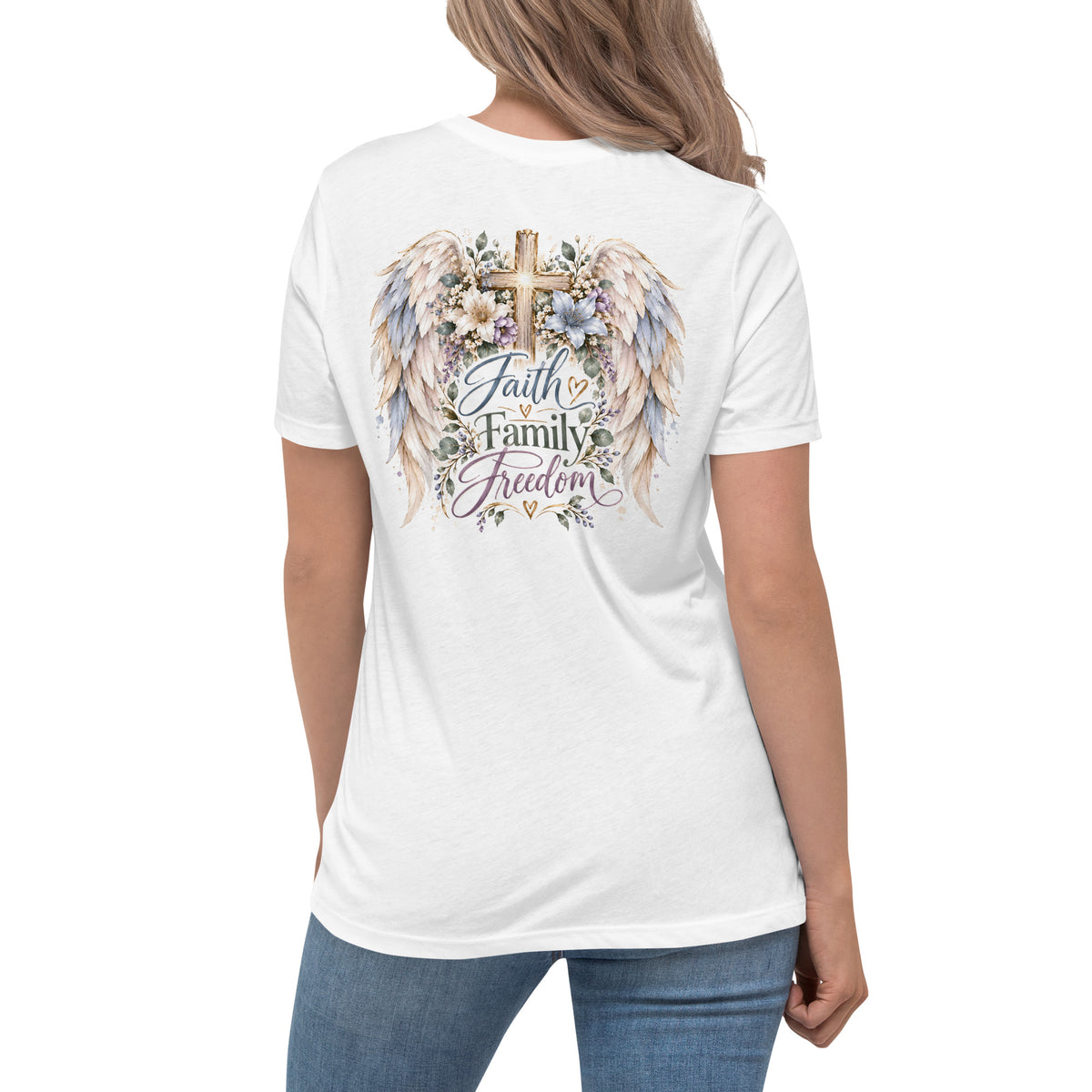 Faith Family Freedom Wings Women's Tee, white, back print on model