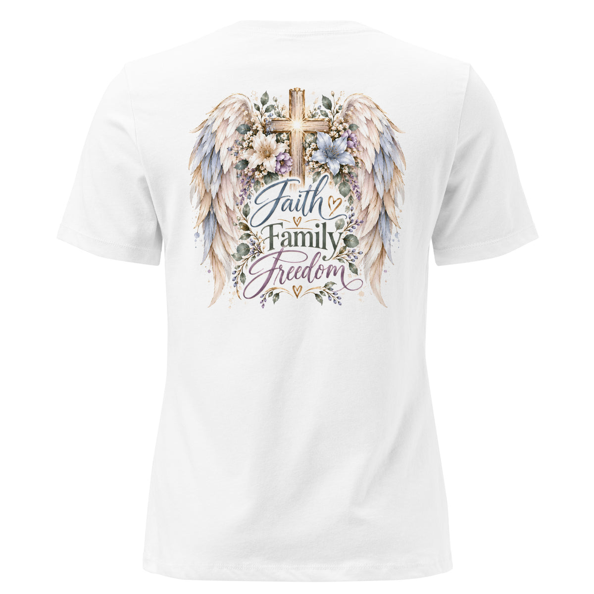Faith Family Freedom Wings Women's Tee, white, back print