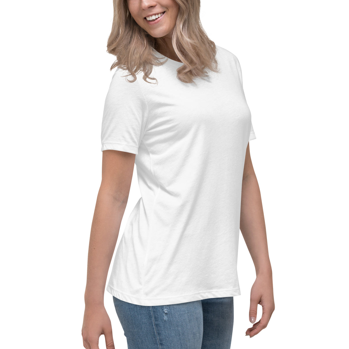Faith Family Freedom Wings Women's Tee, right front on model